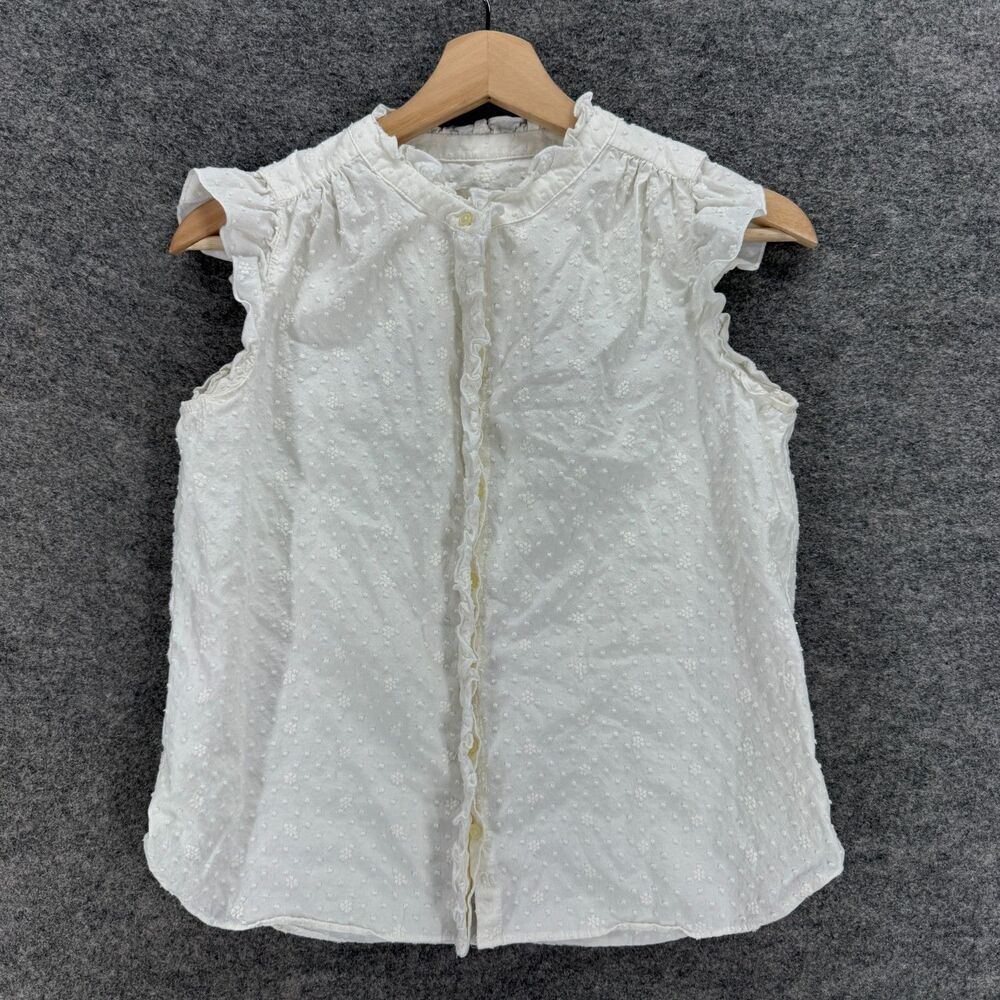 Loft Shirt Women PXS Petite White Floral Button Up Embroidered Sleeveless Cotton